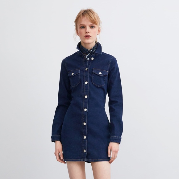 ZARA Authentic Denim Dress Shirt Mini Button-up Long-sleeve Navy Blue XS - Picture 1 of 7